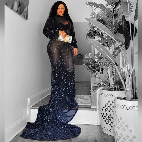 Mock Neck Lantern Sleeve Mermaid Hem Mesh Dress - Picture 2 of 6